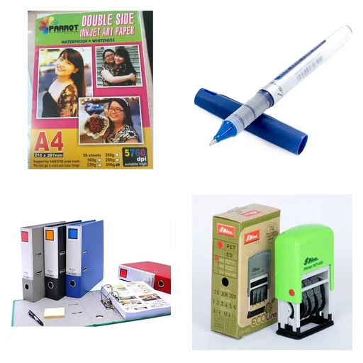 Các loại văn phòng phẩm thường dùng — giấy in, bút viết, bìa còng và con dấu
