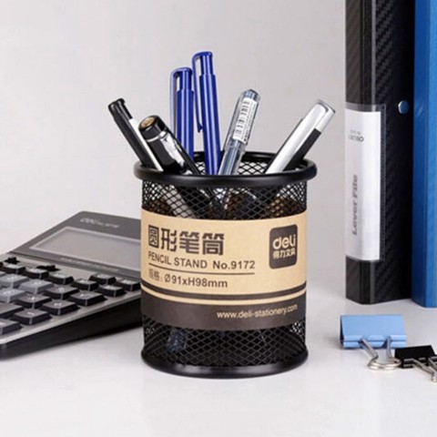 Hộp cắm bút sắt tròn Deli 9172 đen – ảnh mô tả 1